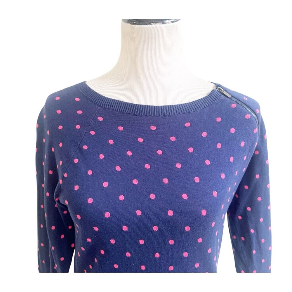 Liz Claiborne Women's Medium Petite MP Sweater Blue Pink Polka Dots Shoulder Zip - Picture 9 of 12